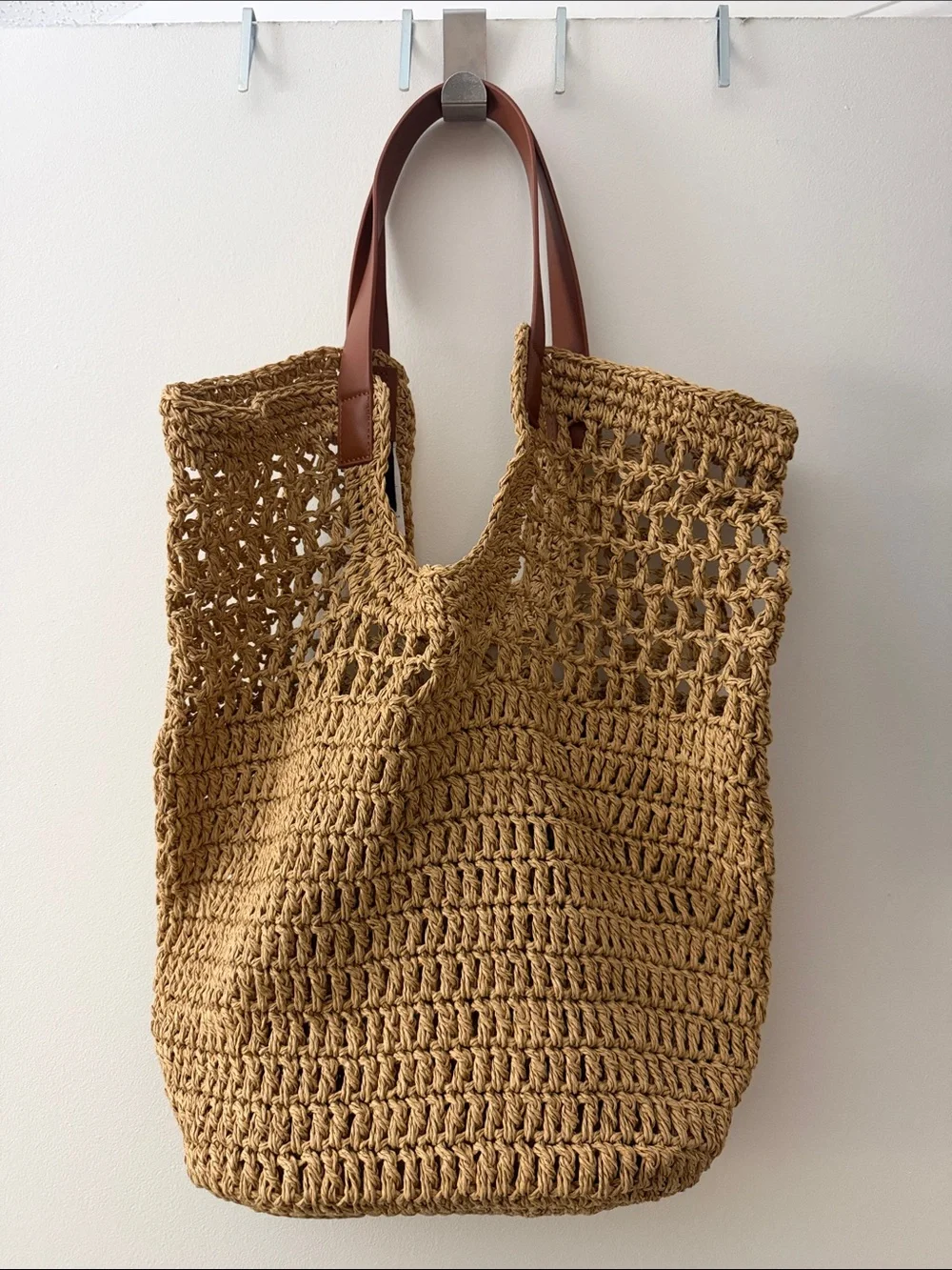 Banana Republic Woven Tan Straw Tote with Brown Leather Handles
